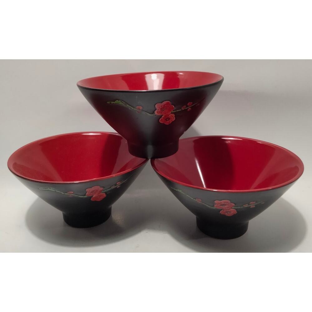 Vintage Pier 1 Footed Rice Bowl Lot 3 Stackable Black Matte Red Cherry Blossom